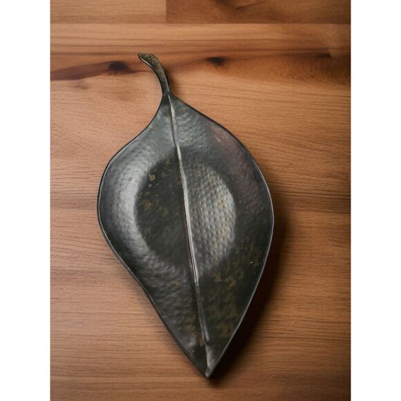 Fitz and Floyd Hammered Large Black Brown Leaf Serving Tray Made in India - Picture 1 of 7